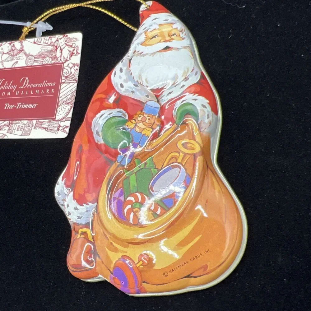 Christmas Hallmark Santa with Bag Of Toys Hanging Ornament Metal Vintage Holiday